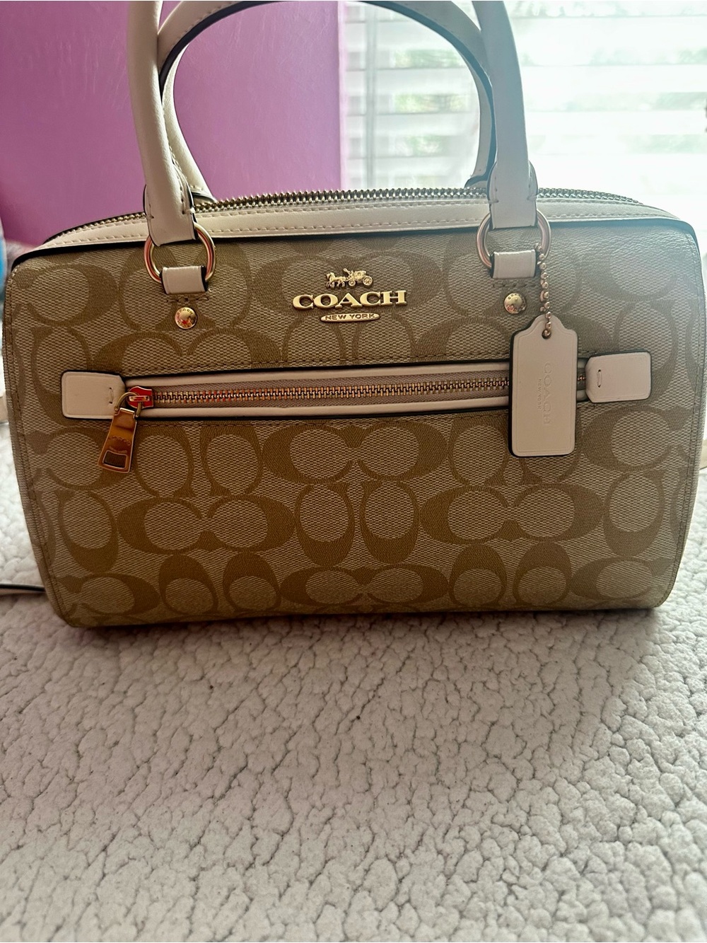 Coach Khaki Satchel with Chalk Trim and Gold Hardware